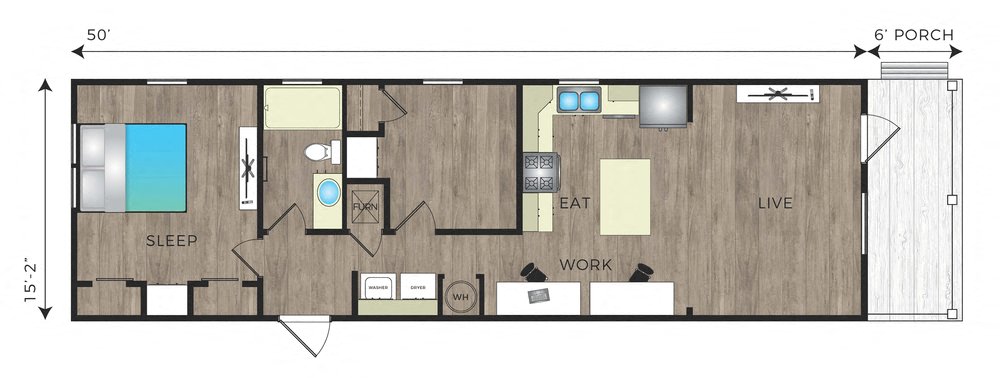 Floor plan for 2 beds, 1 bath, 750 sqft